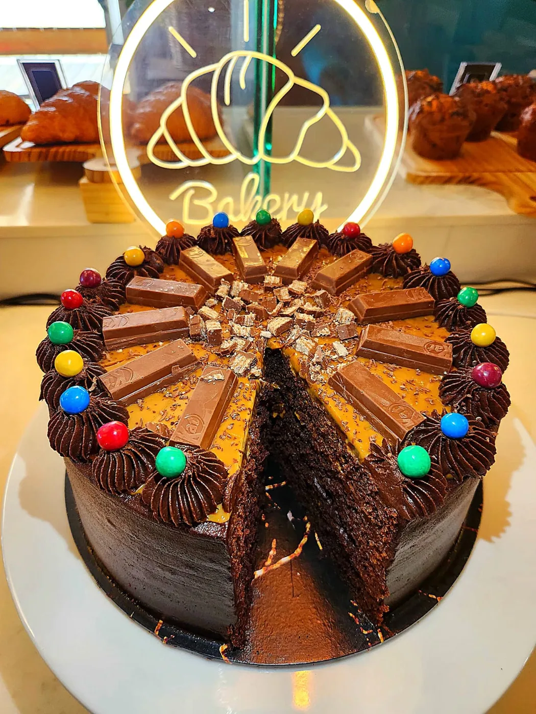 A chocolate KitKat celebration cake in the bakery.